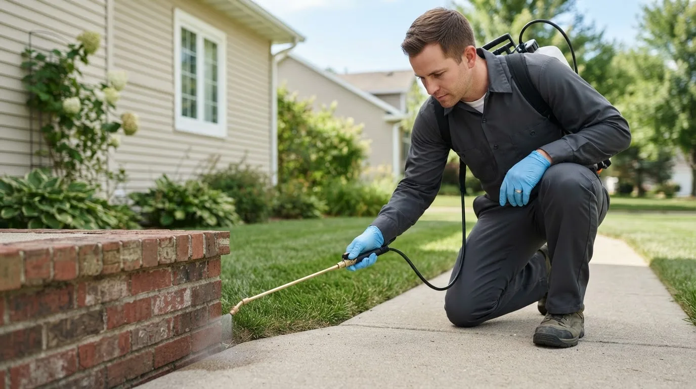 Pest control technician treating a home near East Amherst, NY